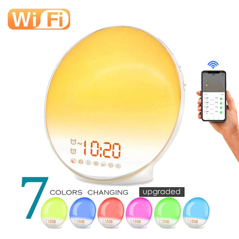 Smart WiFi sunrise alarm lamp with 7-color night light mode and app control
