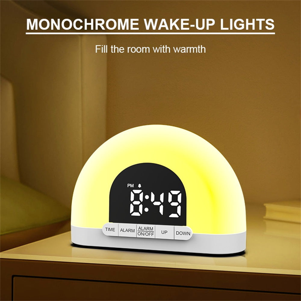 Wake-up light on nightstand filling room with warm light