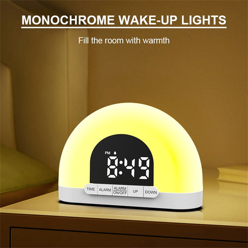 Wake-up light on nightstand filling room with warm light