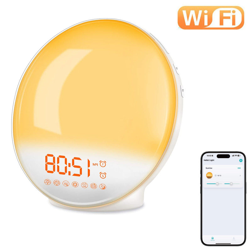 Smart WiFi sunrise alarm lamp angled view with app control