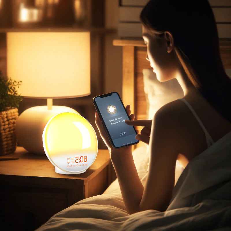 Woman in bed controlling smart sunrise alarm lamp from her phone, warm glow