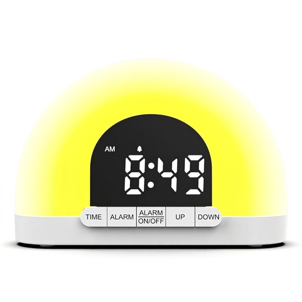 Sunrise wake-up light alarm clock, front view, glowing warm amber light with digital time display