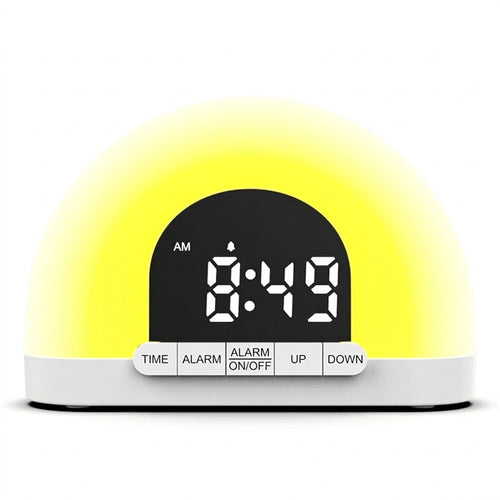 Sunrise wake-up light alarm clock, front view, glowing warm amber light with digital time display
