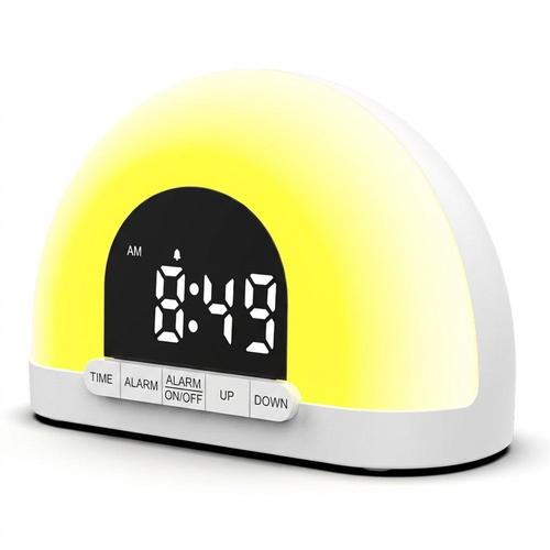 Sunrise wake-up light, three-quarter angle view showing depth and dome shape
