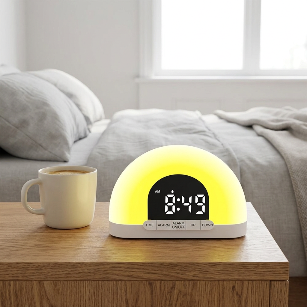 Sunrise wake-up light on a wooden nightstand next to a coffee mug for size reference