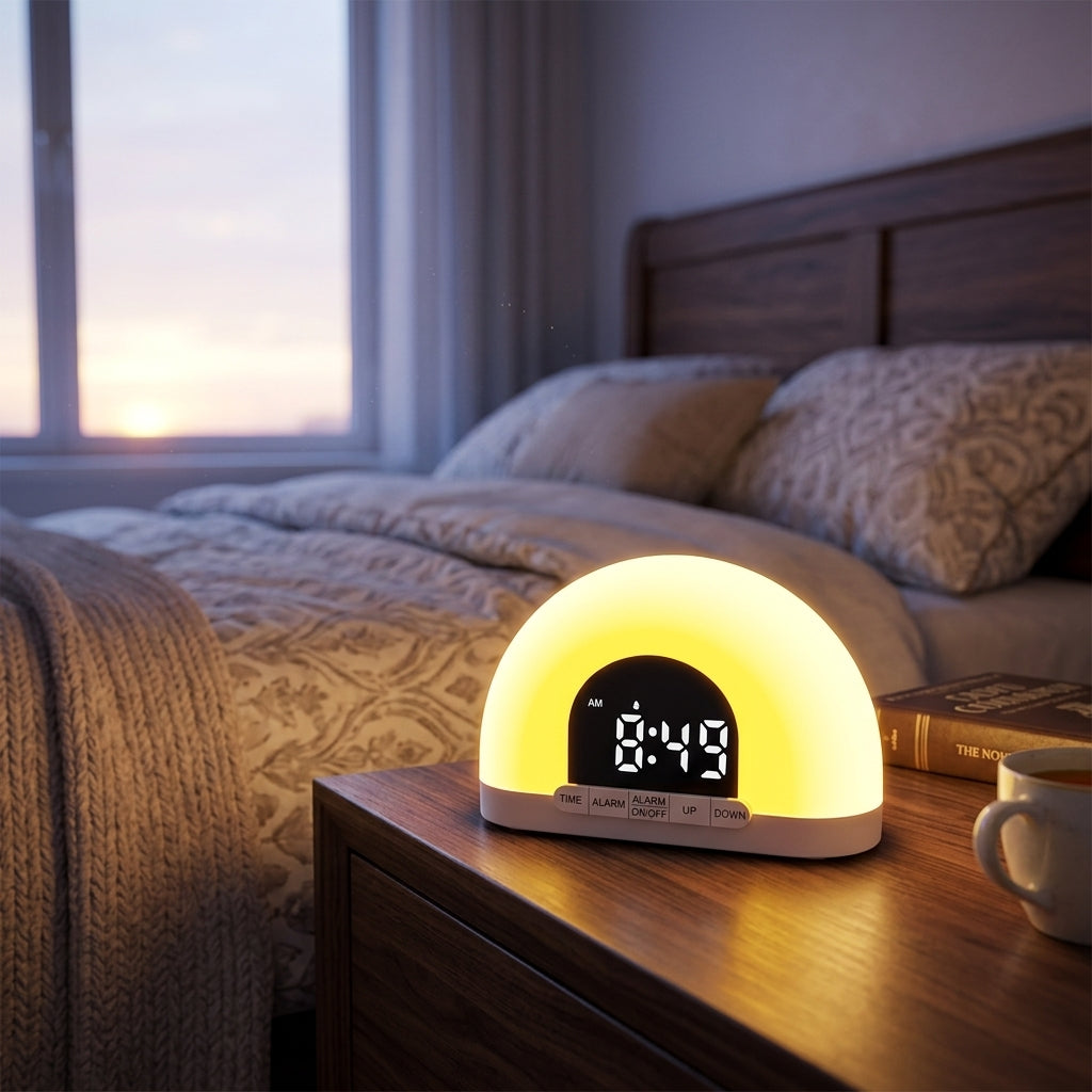 Sunrise wake-up light glowing warmly on a bedside table at dawn