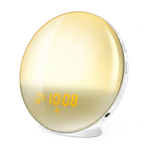 Smart sunrise lamp, front view, glowing warm amber light with digital time display