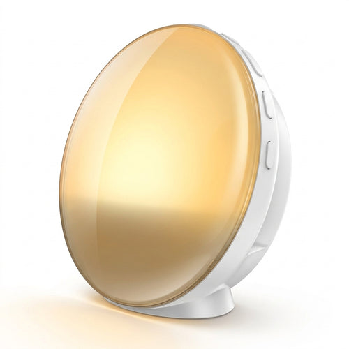 Smart sunrise lamp, three-quarter angle view showing depth and dome shape
