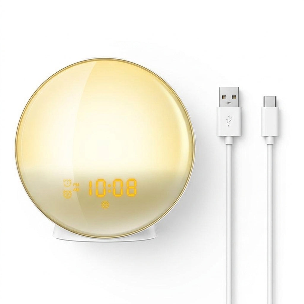 Smart sunrise lamp with included USB-C charging cable