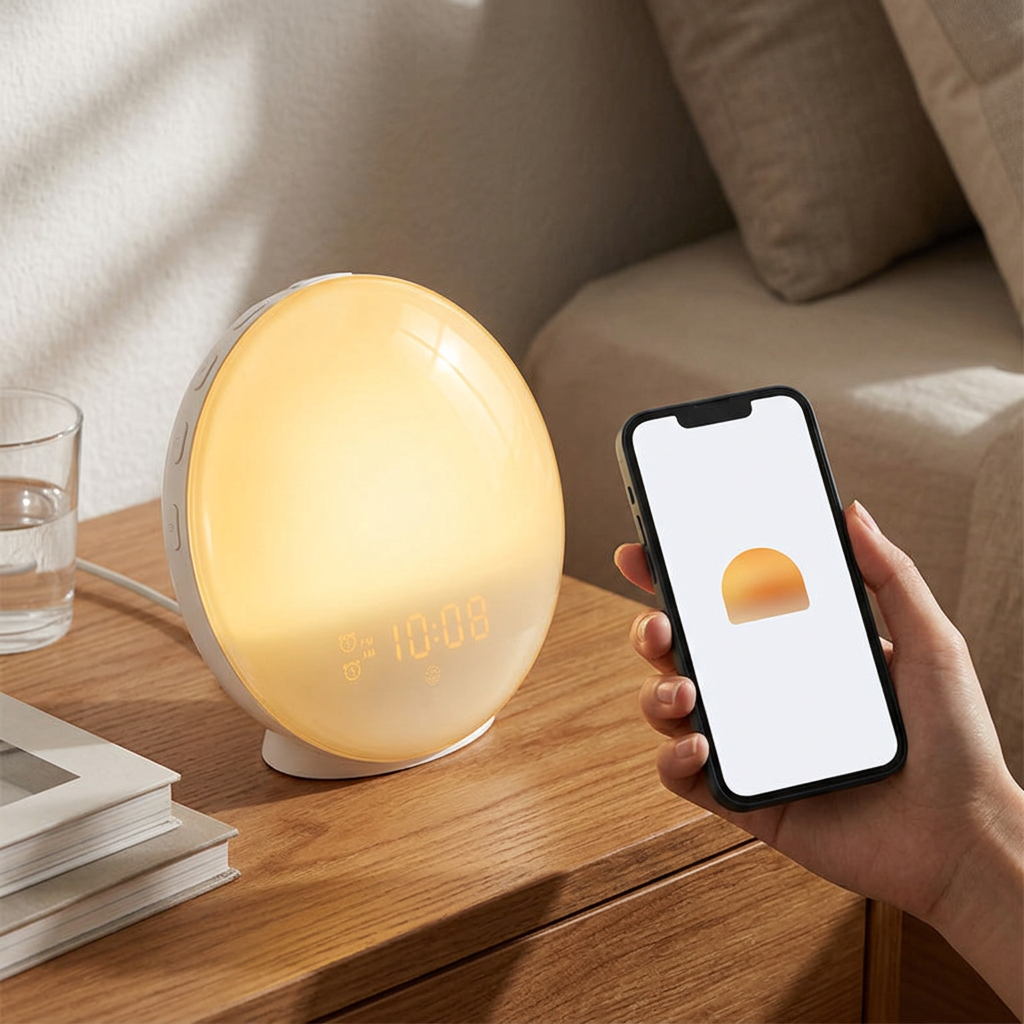 Smart sunrise lamp on a nightstand beside a hand holding a phone showing the app