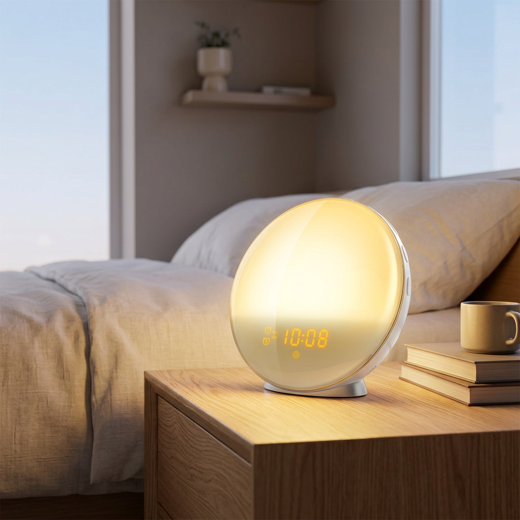 Smart sunrise lamp glowing warmly on a nightstand in a cozy bedroom at dawn