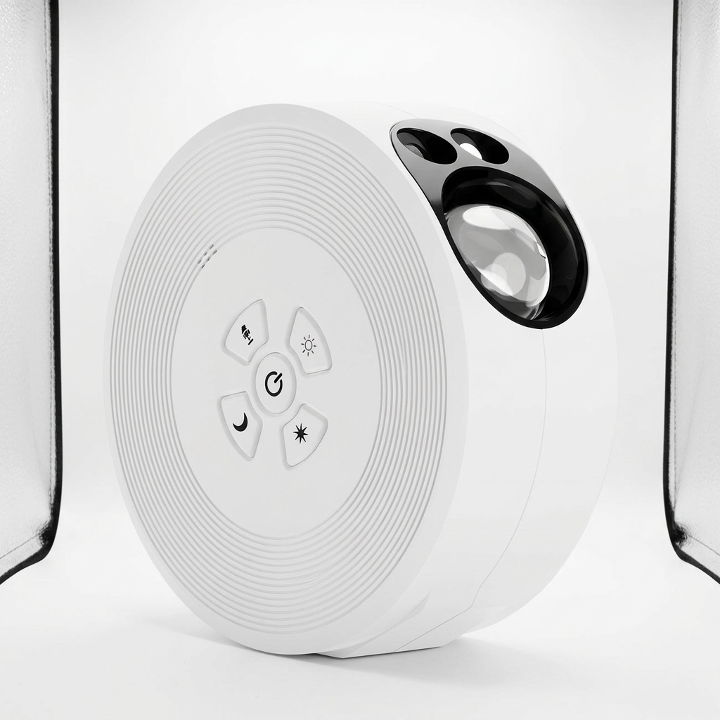 Galaxy star projector lamp, white disc design, front angle on white background