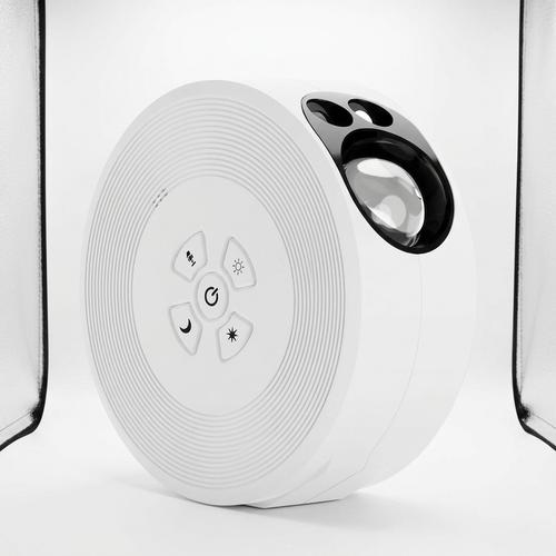 Galaxy star projector lamp, white disc design, front angle on white background