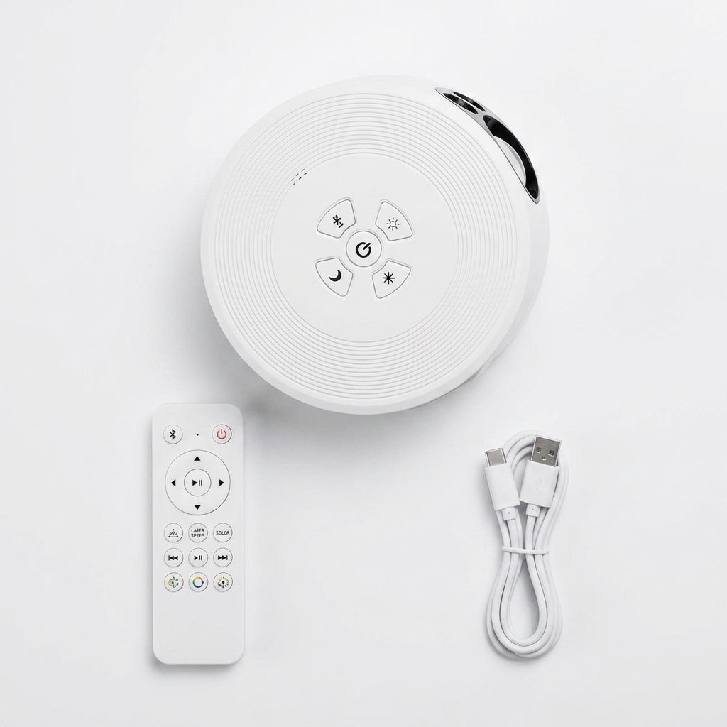 Galaxy star projector lamp with included remote control and USB-C charging cable