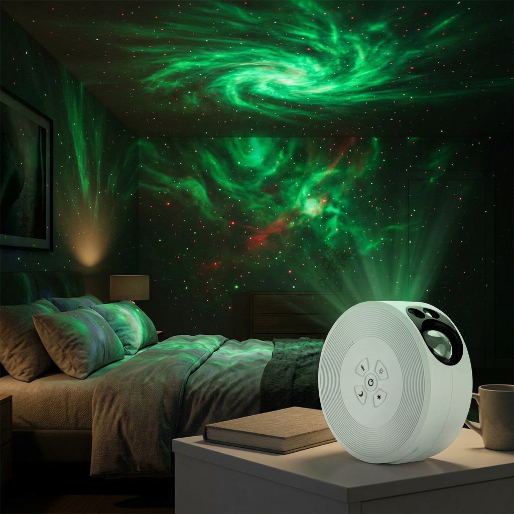Galaxy star projector lamp projecting green nebula and stars onto bedroom ceiling and walls